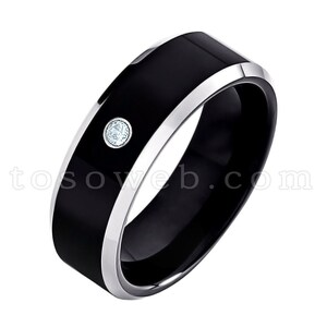 Men's Aquamarine Solitaire Wedding Band, March Birthstone Ring, 8mm Black IP High Polish Beveled Edge, Tungsten Carbide Ring TS1192