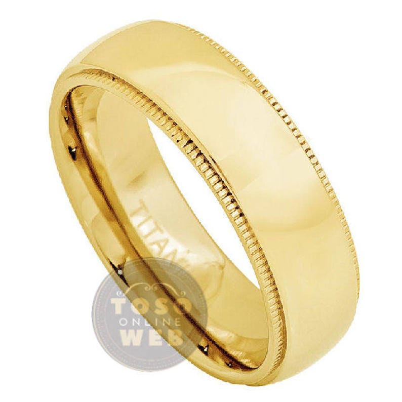 Comfort Fit Anniversary Band Ti4782 Unisex 7mm Milgrain Edge High Polished Dome Yellow Gold Ion Plated Titanium Wedding Band Ring