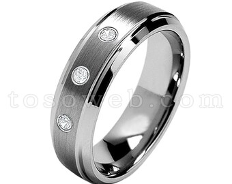 レディース 4 月誕生石リング、ホワイト ダイヤモンド 結婚指輪、7 mm ブラシ仕上げセンター ベベルエッジ、タングステン カーバイド リング TS0682