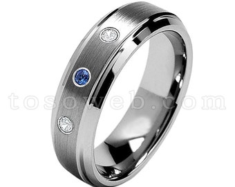レディース 9 月誕生石、ブルーサファイア & ダイヤモンド結婚指輪、7 mm ブラシ仕上げセンターベベルエッジ、タングステンカーバイドリング TS0682
