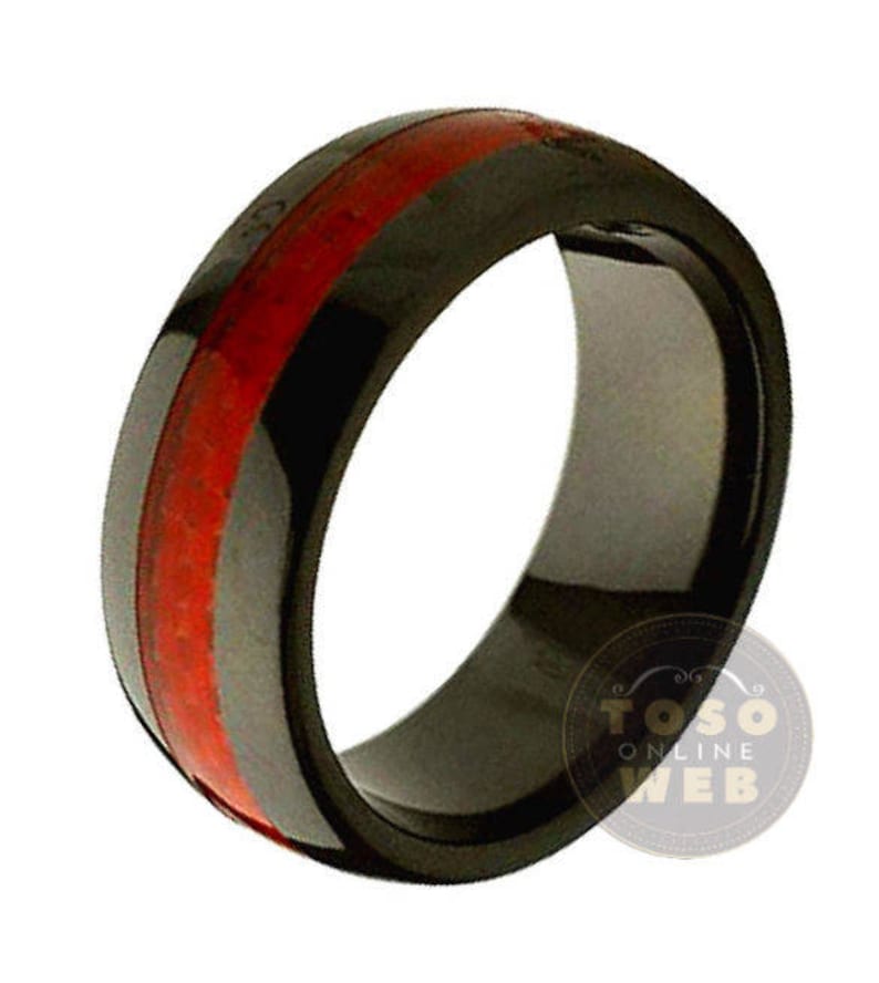 Men/'s 8mm Dome High Polished Black Ceramic Ring w Red Carbon Fiber Inlay Center wedding Band CR2340