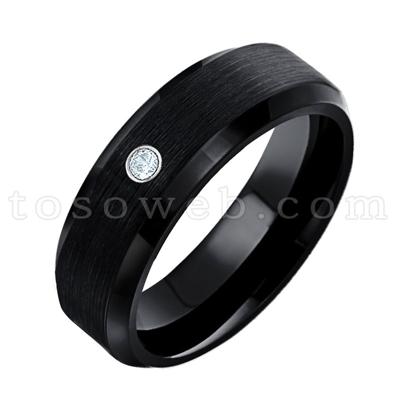 Ladies March Birthstone Ring 6mm Black Ion Plated Brushed Center Tungsten Carbide Ring TS1682 Aquamarine Solitaire Wedding Band