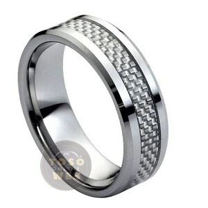 Men&#39;s 8mm Tungsten Wedding Band, Light Grey Carbon Fiber Inlay Beveled Edge, Comfort Fit Tungsten Carbide Anniversary Ring TS1642