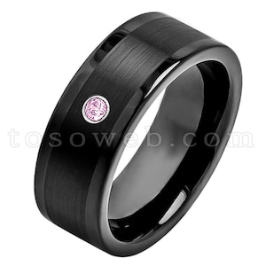Men&#39;s Pink Tourmaline Solitaire Wedding Band, October Birthstone Ring, 8mm Brushed Center Black IP Tungsten Carbide Ring TS3742