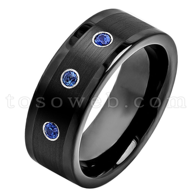 Men/'s Blue Sapphire /& Diamond Wedding Band September Birthstone Ring Brushed Center Black IP Tungsten Carbide Ring TS3742