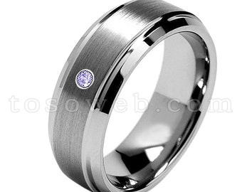 メンズ タンザナイト ソリティア 結婚指輪、12 月誕生石リング、8 mm ブラッシュ センター ベベルエッジ タングステン カーバイド リング TS1622