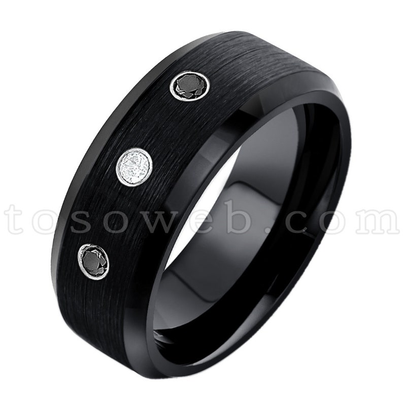 White Diamond Solitaire Wedding Band Men/'s April Birthstone Ring 8mm Black Ion Plated Brushed Center Tungsten Carbide Ring TS1662