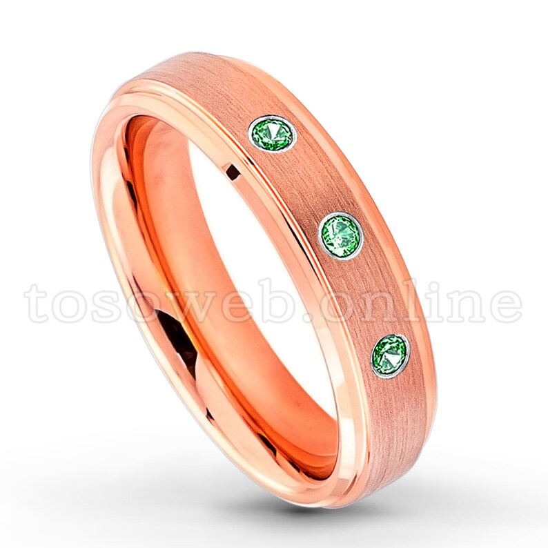 Ladies Emerald Solitaire Wedding Band Rose Gold Plated Beveled Edge Comfort Fit Tungsten Carbide Ring TS3722 May Birthstone