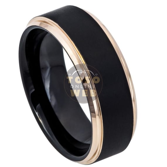 Black Ion Plated High Polished Design Center Comfort Fit Tungsten Carbide Anniversary Ring Mens 8mm 2 Tone Pipe Cut Stepped Edge Wedding Band