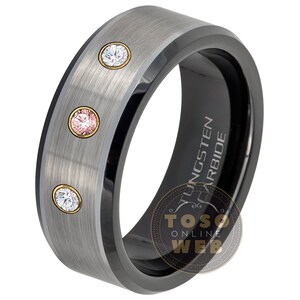 Men&#39;s Customizable Tungsten Birthstone Wedding Band,  Brushed Finish 2-Tone Black IP Beveled Edge Tungsten Carbide Ring TS0822YG
