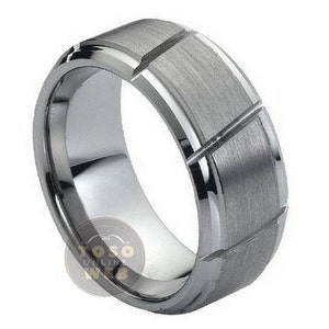 Men&#39;s 9mm Wedding Band, Multi-Grooved and Brushed Center Stepped Edge, Comfort Fit Tungsten Carbide Anniversary Ring TS0652
