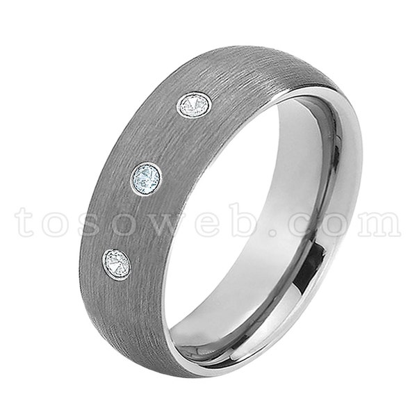 Men's Aquamarine & Diamond Wedding Band, March Birthstone Ring, Brushed Center Pipe Cut Edge Tungsten Carbide Ring TS0692