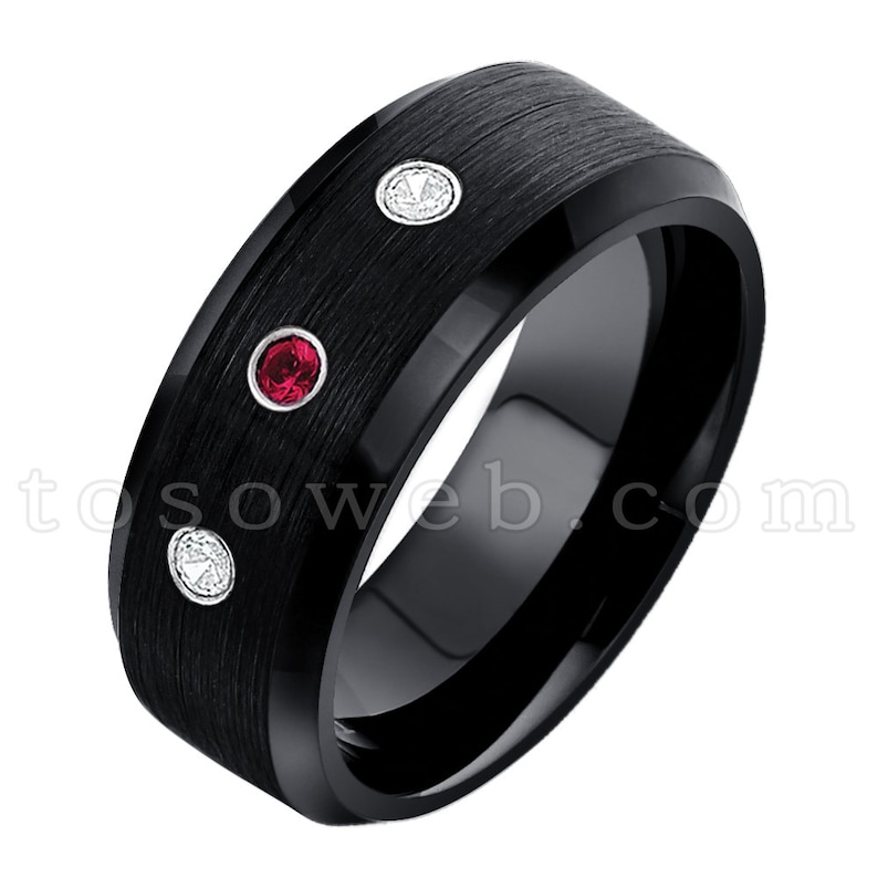 8mm Black Ion Plated Brushed Center Tungsten Carbide Ring TS1662 Ruby Wedding Band Men/'s July Birthstone Ring