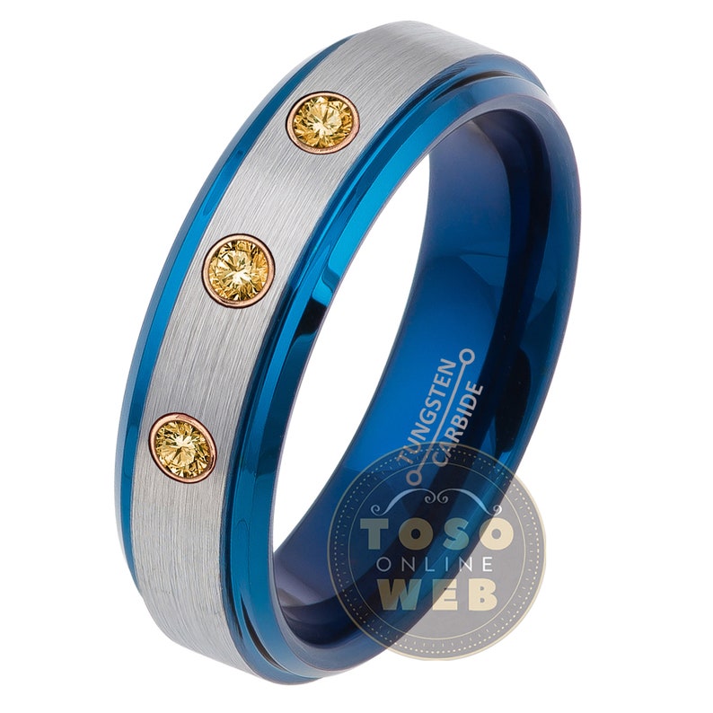 6mm Brushed Finish 2-Tone Blue IP Stepped Edge Tungsten Carbide Ring TS0814RG Women/'s Customizable Tungsten Birthstone Wedding Band