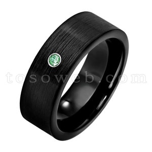 Men&#39;s Emerald Solitaire Wedding Band, May Birthstone Ring, Brushed Black Ion Plated Pipe Cut Edge, Tungsten Carbide Ring TS2302