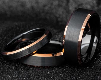 Men's and Women's 8mm | 6mm | 4mm Black Tungsten Ring - Brushed Comfort Fit Rose Gold Beveled Edge Wedding Band - Free Laser Engraving