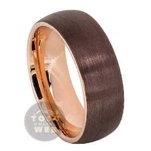Men&#39;s 8mm Semi Dome Wedding Band, Brown IP Outside, Rose Gold IP Plated Inside Brushed Finish Ring, Comfort Fit Tungsten Carbide Ring TS5992
