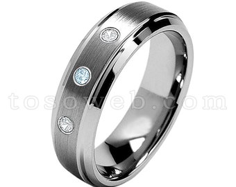 レディース 11 月誕生石リング、ブルー トパーズ & ダイヤモンド 結婚指輪、7 mm ブラシ仕上げセンター ベベルエッジ、タングステン カーバイド リング TS0682