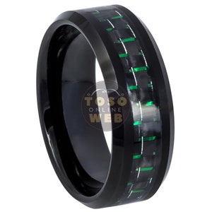 Men&#39;s 8mm Beveled Edge Black IP High Polished w/ Black and Green Carbon Fiber Inlay, Comfort Fit Tungsten Carbide Anniversary Ring TS7690