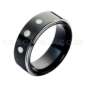 Men&#39;s Peridot & Diamond Wedding Band, August Birthstone Ring, 8mm 2-Tone High Polish Black IP Tungsten Carbide Ring TS1182