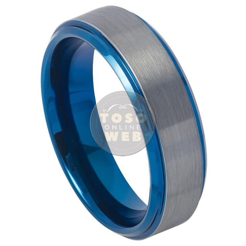 Unisex 6mm Stepped Low Beveled Edge High Polish Blue ion Plated w Steel Color Flat Brushed Center Finish Tungsten Carbide Ring TS8140