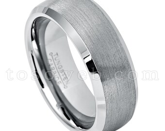 Men's Anniversary Wedding Band, 8mm Semi-Dome Brushed Finish Beveled Edge Comfort Fit Tungsten Carbide Ring TS0072