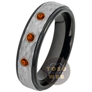 Women&#39;s Customizable Tungsten Birthstone Wedding Band,  6mm Hammered Finish 2-Tone Black IP Stepped Edge Tungsten Carbide Ring TS0789RG