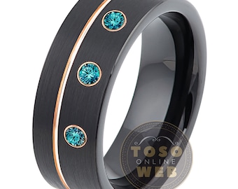 Heren aanpasbare wolfraam geboortesteen trouwring, 8 mm zwarte IP-pijp gesneden met roségouden gegroefde lijn wolfraamcarbide ring TS0819RG