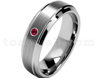 レディース 7 月誕生石リング、ルビー ソリティア 結婚指輪、7 mm ブラシ仕上げセンター ベベルエッジ、タングステン カーバイド リング TS0682