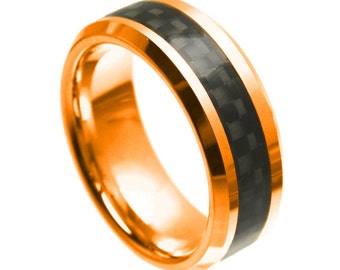 Men's Tungsten Carbide Ring - 8mm Gold Carbon Fiber Inlay Wedding Band, Hypoallergenic & Durable - View #3
