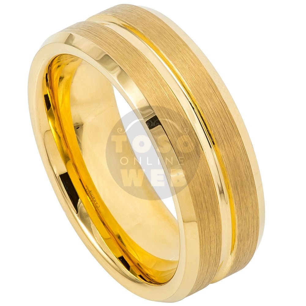 Men's 8mm Beveled Edge High Polish Yellow Gold IP W/ Grooved