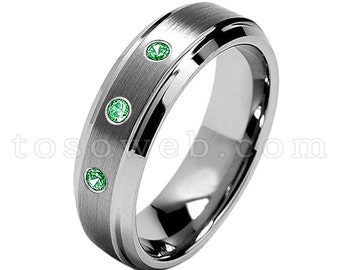 レディース 1 月誕生石リング、ツァボライト結婚指輪、7 mm ブラシ仕上げセンターベベルエッジ、タングステンカーバイドリング TS0682