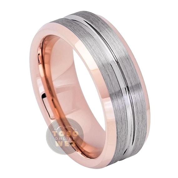 Free Engraving 8mm Tungsten Carbide Two-Tone Black IP Inside Center Groove with Rose Gold IP Finish Beveled Edge Wedding Band Ring