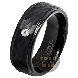 Customizable Tungsten Birthstone Wedding Band,  8mm Hammered Finish Black IP Stepped Edge Tungsten Carbide Ring TS2614WG