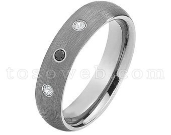 レディース ブラック & ホワイト ダイヤモンド 結婚指輪、6 mm ブラッシュ センター パイプ カット エッジ、タングステン カーバイド アニバーサリー リング TS0602