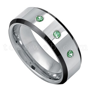 Men&#39;s Emerald Gemstone Wedding Band, May Birthstone Ring, 8mm Black IP Edge High Polish Tungsten Carbide Ring TS2182