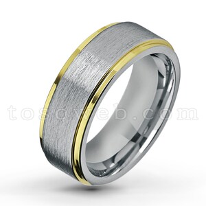 Men&#39;s 2-Tone Wedding Band, 8mm Brushed Center Yellow Gold Plated Stepped Edge Ring, Comfort Fit Tungsten Carbide Anniversary Ring TS1322