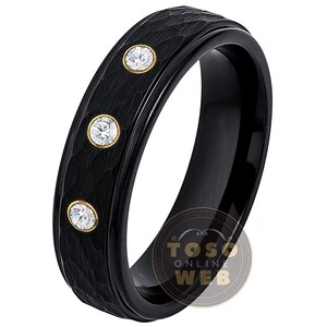 Women&#39;s Customizable Tungsten Birthstone Wedding Band,  6mm Hammered Finish Black IP Stepped Edge Tungsten Carbide Ring TS0793YG