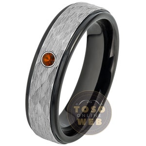 Women&#39;s Customizable Tungsten Birthstone Wedding Band,  6mm Hammered Finish 2-Tone Black IP Stepped Edge Tungsten Carbide Ring TS0789WG