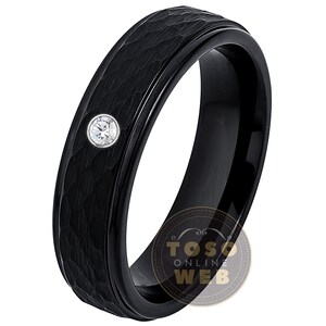 Women&#39;s Customizable Tungsten Birthstone Wedding Band,  6mm Hammered Finish Black IP Stepped Edge Tungsten Carbide Ring TS0793WG