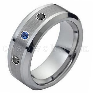 Men&#39;s Blue Sapphire & Black Diamond Wedding Band, 8mm Brushed Center Beveled Edge Tungsten Carbide Anniversary Ring TS0022