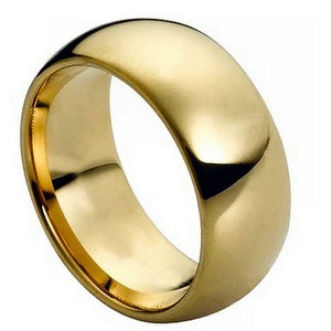 Men&#39;s 9mm Yellow Gold Plated Wedding Band, Classic Dome High Polish Comfort Fit Tungsten Carbide Anniversary Ring TS0952