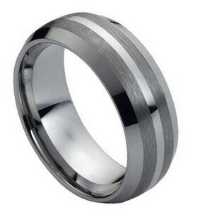 Men&#39;s Solid Tungsten Wedding Band, 8mm Grooved & Brushed Center Beveled Edge, Comfort Fit Tungsten Carbide Anniversary Ring TS0742