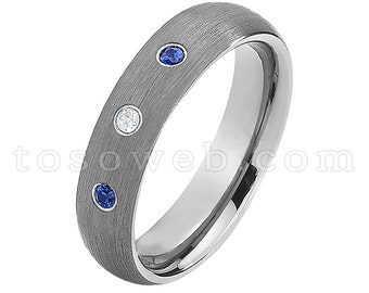 レディース ホワイト ダイヤモンド & ブルー サファイア 結婚指輪、6 mm ブラッシュ センター パイプ カット エッジ、タングステン カーバイド リング アニバーサリー TS0602