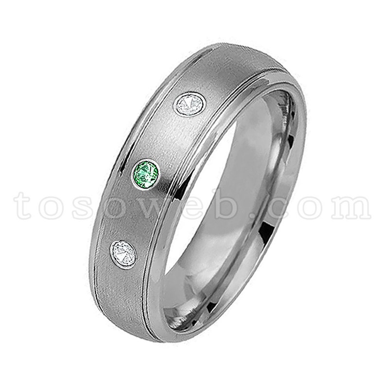 Ladies May Birthstone Ring Emerald /& Diamond Wedding Band,6mm Brushed Center Polish Ridge Edge Tungsten Carbide Ring TS0392