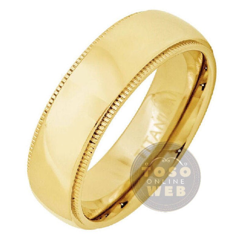 Comfort Fit Anniversary Band Ti4782 Unisex 7mm Milgrain Edge High Polished Dome Yellow Gold Ion Plated Titanium Wedding Band Ring