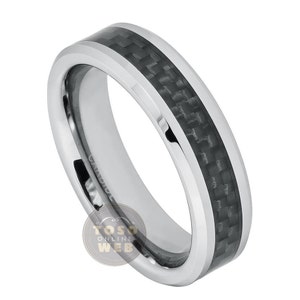Unisex 6mm Wedding Band, Black on Black Carbon Fiber Inlay High Polished Beveled Edge, Comfort Fit Tungsten Carbide Anniversary Ring TS2142