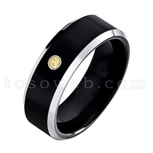 Men&#39;s Citrine Solitaire Wedding Band, November Birthstone Ring, Black IP High Polish Beveled Edge, Tungsten Carbide Ring TS1192
