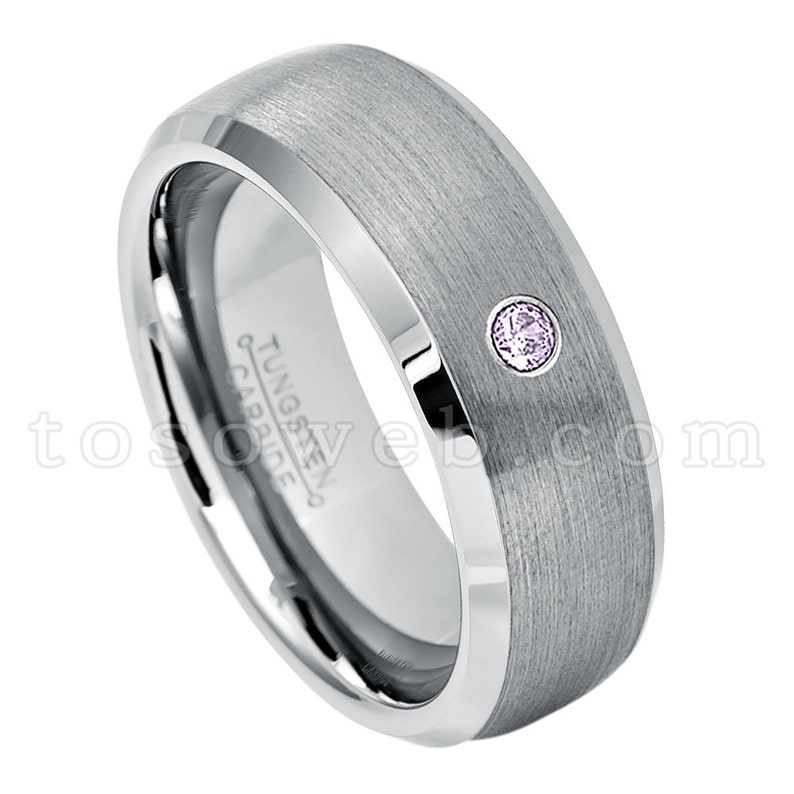 8mm Semi-Dome Brushed Center Beveled Edge Tungsten Carbide Ring TS0072 Men/'s Amethyst Wedding Band February Birthstone