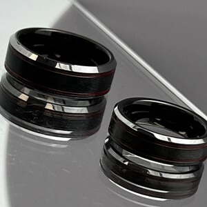Tungsten Ring Charcoal & Red Couples Wedding Band Tungsten Carbide Anniversary Rings Men&#39;s 8mm Women&#39;s 6mm Valentines Gift Promise Ring